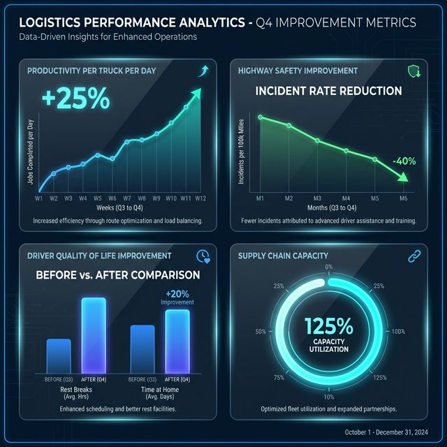 Logistics performance metrics showing 25% productivity improvement, safety reduction, driver quality of life gains, and 125% supply chain capacity